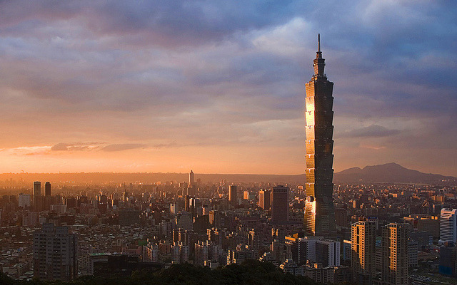 Taipei skyline at dusk - the capital city of Taiwan, with the formerly tallest building in the world, Taipei 101.