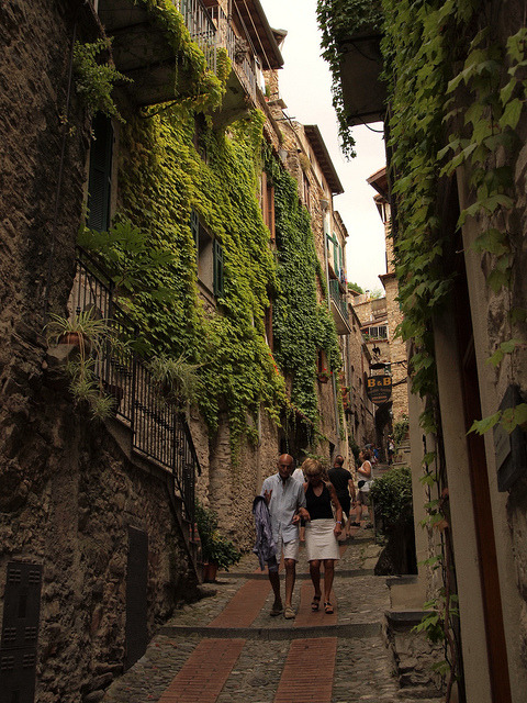 Strolling on the medieval streets of Dolceacqua in Liguria, Italy
