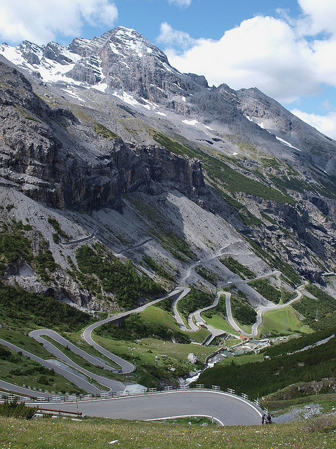 Going down to Bormio in Passo dello Stelvio, the second highest mountain pass in the Alps at 2757m, Italy