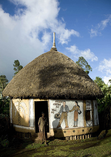 Hosanna traditional house, decorated with big frescos telling the life of the family, Ethiopia