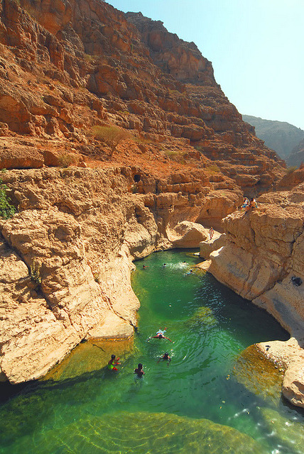 Emerald clear water in Wadi Shab Oasis, Oman