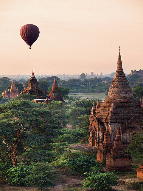 Hot air balloon above ancient temples of Bagan, Myanmar